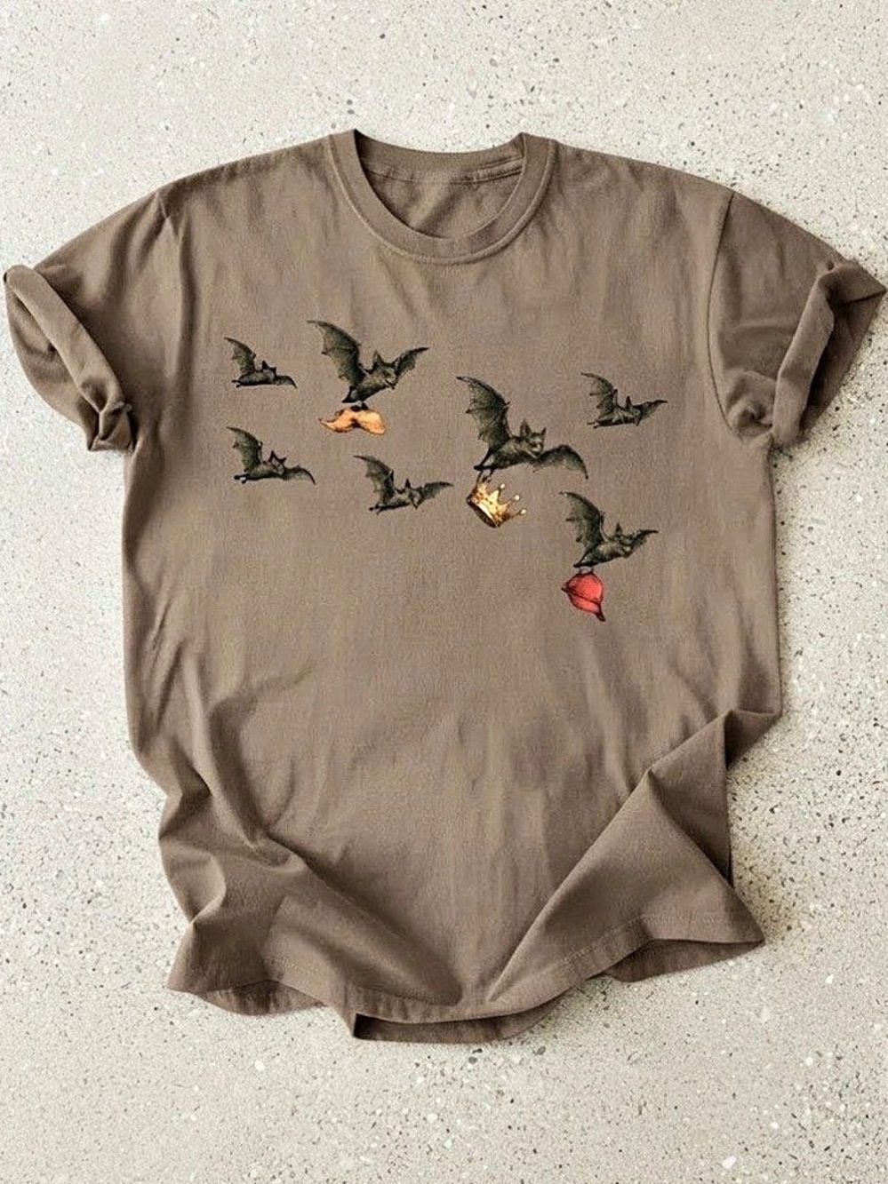 Flying Bats Crown Gothic Style Brown Earth Tone Gildan T-Shirt